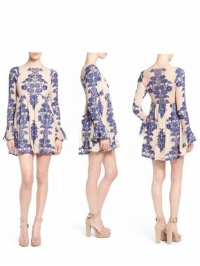 For Love & Lemons Temecula Cream Mini Dress with Blue Floral Embroidery